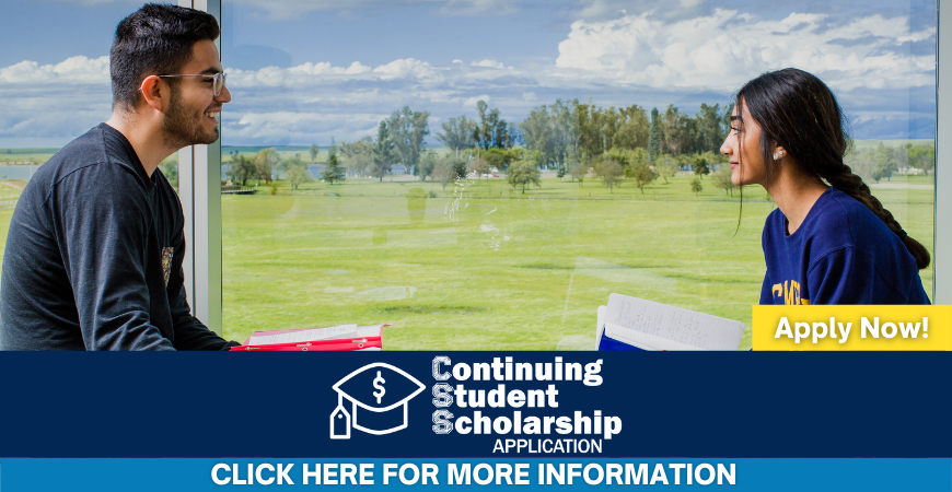 Two students with study materials overlooking a pastoral background. Text: Continuing Student Scholarship Application. Apply Now at finaidapps.ucmerced.edu  